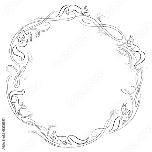 circular pattern with ring-shaped monograms . 
squirrels on spruce branches. elegant monograms.