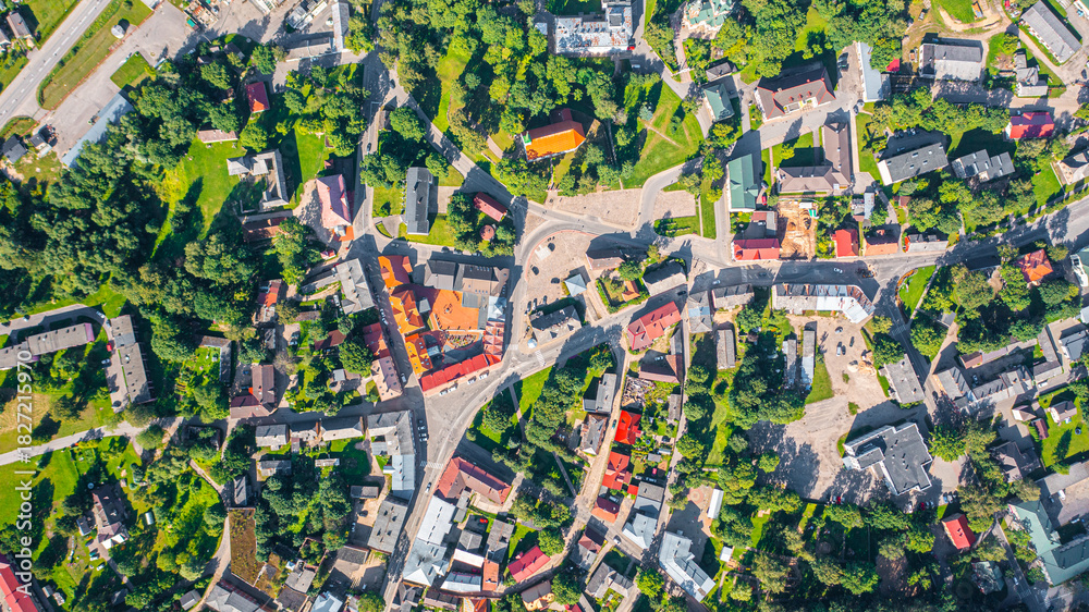Fototapeta premium Aerial photo from drone to Limbazi town (Limbaži) on a sunny summer day. Limbazi, Latvia (Series)