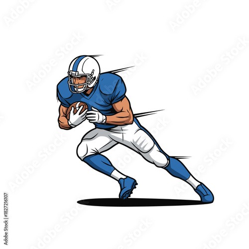 American Football Player Running with Ball in Dynamic Motion, Isolated on White Background