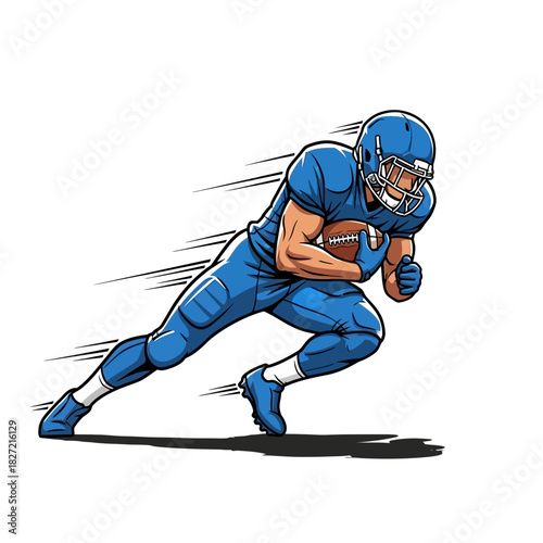 Dynamic illustration of a muscular American football player in blue uniform in motion, running with the ball