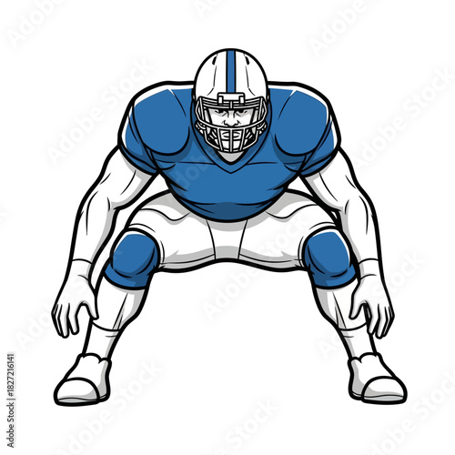 Powerful American Football Player in an aggressive, ready stance, helmeted and padded in blue, vector illustration capturing game intensity for athletic designs