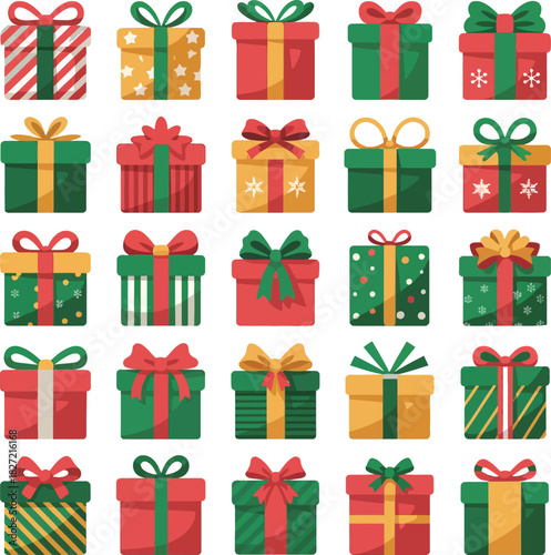 Collection of christmas gift boxes with bows and ribbons