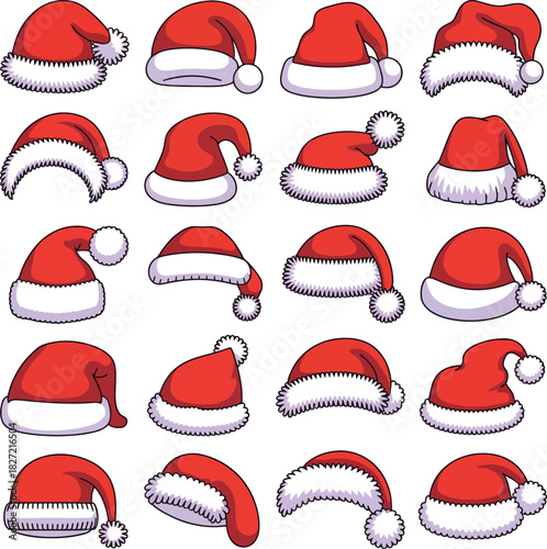 Collection of diverse santa hats with white fur trim and pom poms