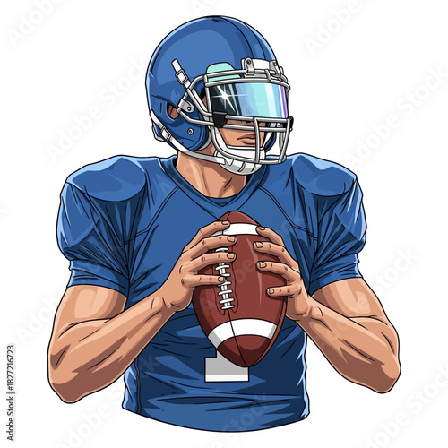 A determined football player in a blue uniform and helmet, intensely focused and poised with the ball, embodying the spirit of competitive sport and athletic prowess