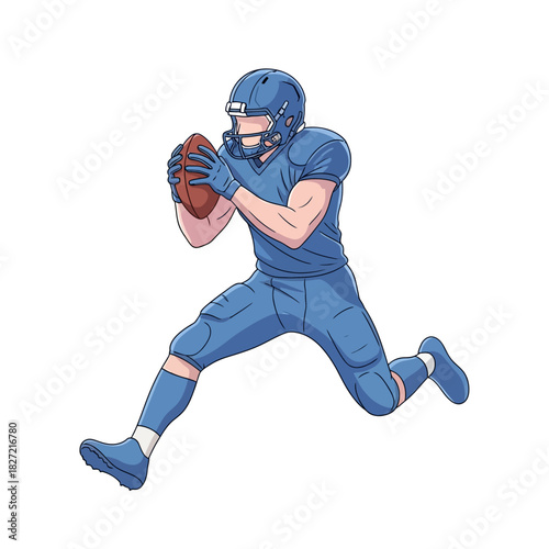 Illustration of an American football player in a blue uniform, wearing a helmet, catching a football while running on a white background