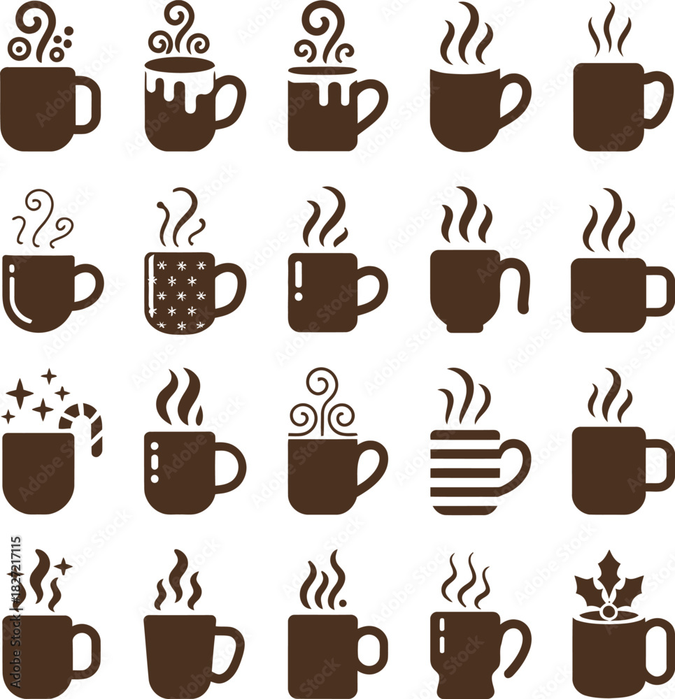 Obraz premium Hot drinks collection: mugs with steam, candy cane, and holly berries