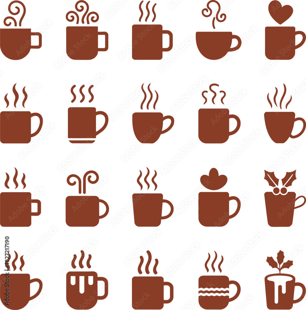 Fototapeta premium Collection of stylized coffee and tea cups with steam icons