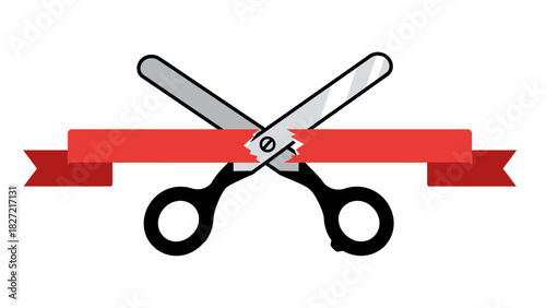 Sharp metal scissors cutting a red ribbon for a business opening sale concept