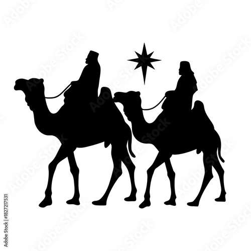Two wise men riding camels silhouette vector christmas nativity scene epiphany star kings magi journey clip art