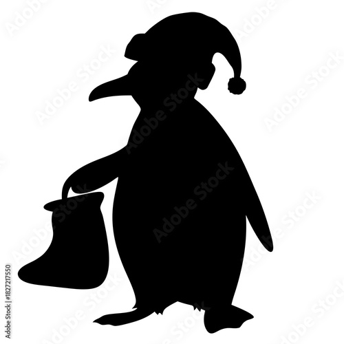 Penguin christmas silhouette with santa hat and stocking vector holiday season animal winter illustration art