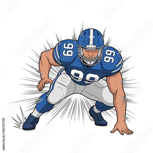 An illustration of a determined football player in a ready stance, radiating power and intense energy, prepared for an explosive burst of action on the field