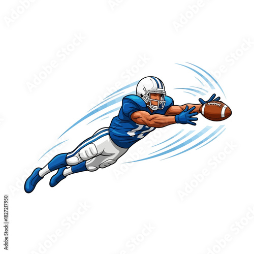Dynamic American football player diving for a spectacular catch, showcasing agility and determination on the field