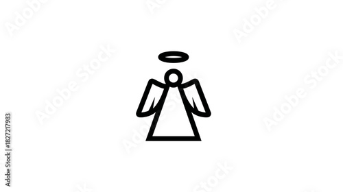 Minimalist black line art angel icon with halo and wings. Simple spiritual symbol representing heaven, divine protection, and purity.