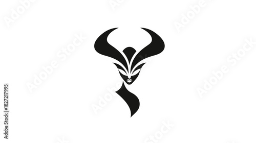Abstract stylized black silhouette of an elegant horned female figure with a mysterious face, fantasy art illustration on white background.