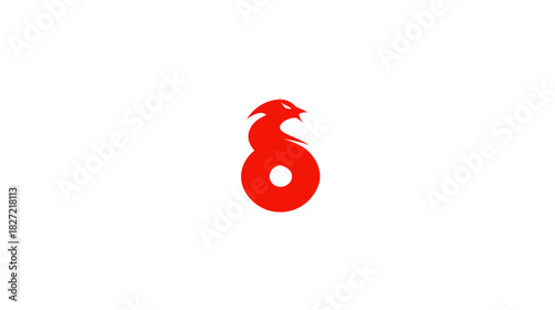 Stylized red number eight with powerful dragon head graphic, abstract modern design on a clean white background