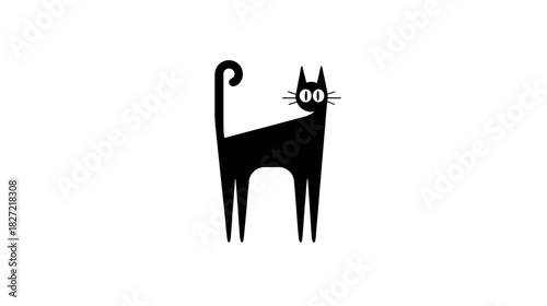 Adorable Minimalist Black Cat Graphic Design with Big Expressive Eyes, Whiskers, and Curled Tail on a Clean White Background