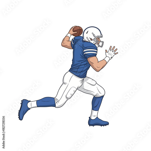 Dynamic vector illustration of an American football quarterback in a blue and white uniform throwing a powerful pass, isolated on a white background