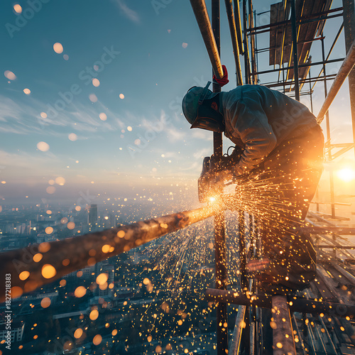 Welders are working on a high superstructure scaffolding