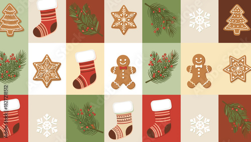 Christmas pattern with cookies stockings and pine branches