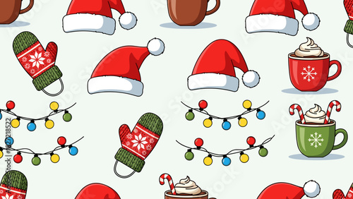 Seamless pattern with christmas elements santa hats and mugs