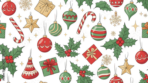 Christmas ornaments and presents seamless pattern design