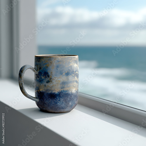 Fototapeta Naklejka Na Ścianę i Meble -  Coffee cup on modern windowsill, sea wave view