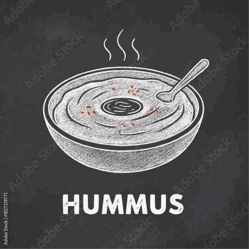 Hummus bowl with spoon and steam on black background