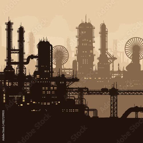 Industrial factory complex silhouette against a hazy sky.