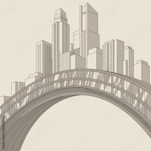 Cityscape Silhouette - Bridge and Skyscrapers in Architectural Drawing.