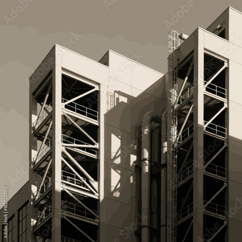 Industrial building with exterior metal framework and staircases.