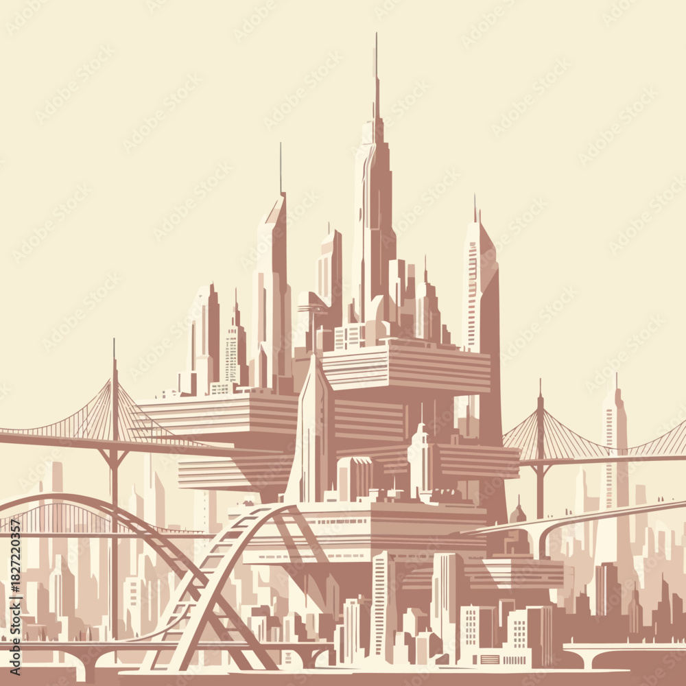 Fototapeta premium Futuristic Cityscape Illustration with Towering Structures and Elevated Bridges.