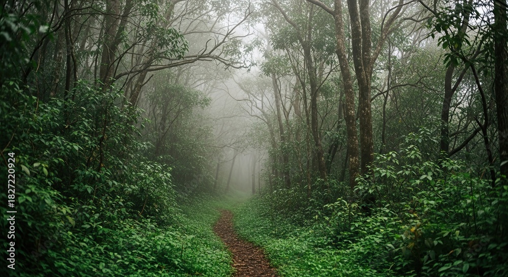 Fototapeta premium Escape into enchanting misty woods with a winding path, offering serenity and adventure, perfect for travel blogs, nature documentaries, and calming visuals