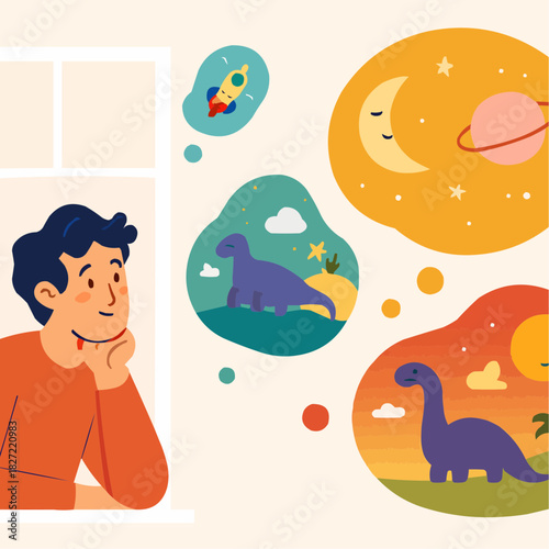 Daydreaming Introvert with Thought Clouds