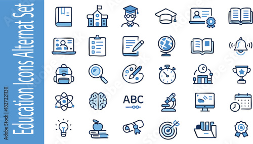 Education Icons Set: A comprehensive collection of modern icons representing various aspects of education, including academics, technology, and learning tools. These icons are in a clean.