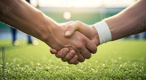 Two athletes share a firm handshake on a vibrant green sports field, signifying sportsmanship and respect after a competition.