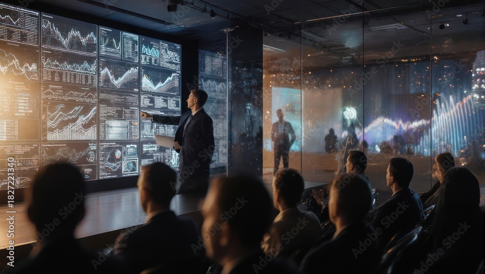 Obraz premium Business Presentation with Data Visualization on Large Screens.