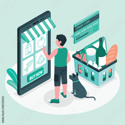 Isometric View of Man Using Online Grocery Shopping App on Mobile Phone with Dog and Full Shopping Basket