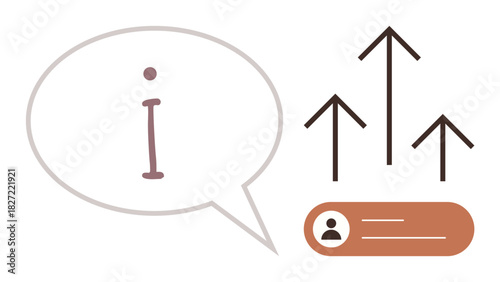Speech bubble with info icon next to upward arrows and user profile. Ideal for progress, communication, networking, learning, improvement, leadership, development. Simple flat metaphor