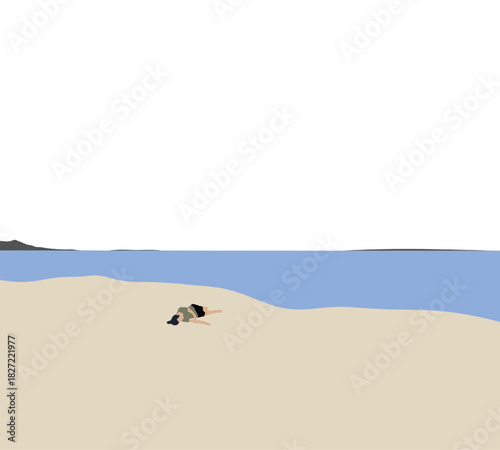 Woman sleeping on the beach. Summer sea holiday and vacation travel at seaside. Minimal design.