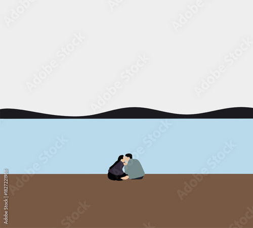 Romantic Couple kissing outdoor at travel location, lake and landscape mountain. Dating in nature.