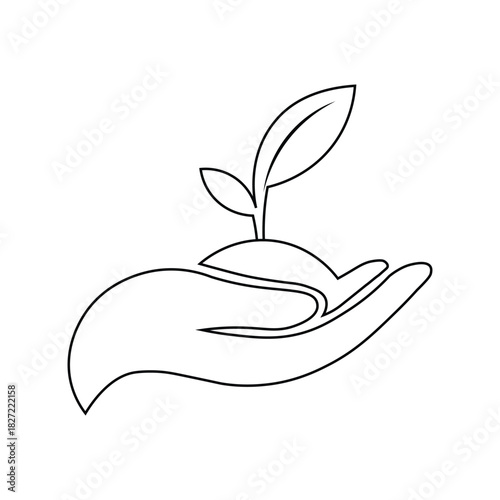 Black outline shows a hand gently holding a small seedling upon a white background