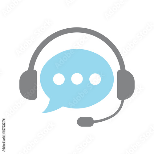 Grey headset with light blue speech bubble displays three white dots on white background