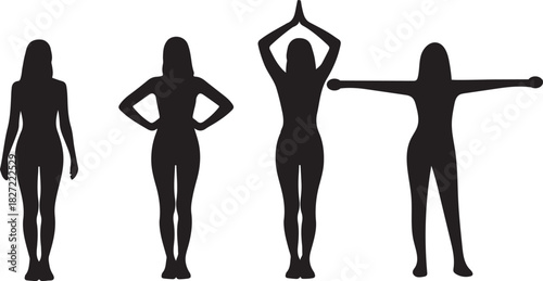 Four silhouettes of women standing in different poses over a transparent white backdrop