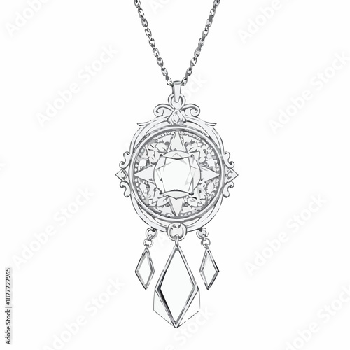 Elegant pendant necklace illustration with gemstones on white background