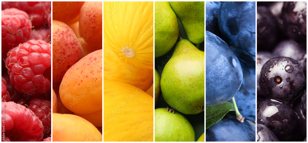 Fototapeta premium Collage with different fresh fruits and berries