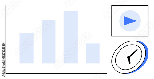 Bar graph representing analytics, clock symbolizing time management, and play button for progress. Ideal for data analysis, productivity, time tracking, performance, progress, automation simple flat