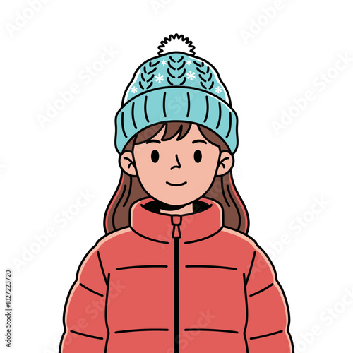 Realistic Young Girl in Red Puffer Jacket with Knitted Hat – Winter Flat Vector Illustration