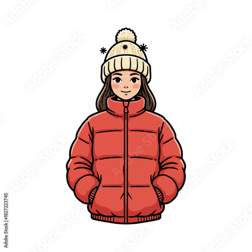 Realistic Young Girl in Red Puffer Jacket with Knitted Hat – Winter Flat Vector Illustration