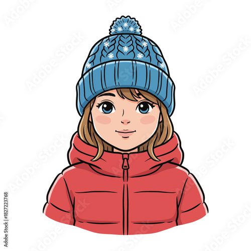 Realistic Young Girl in Red Puffer Jacket with Knitted Hat – Winter Flat Vector Illustration