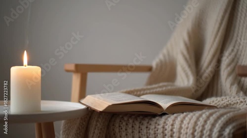 Lit candle and open book on a cozy knitted blanket for a relaxing scene